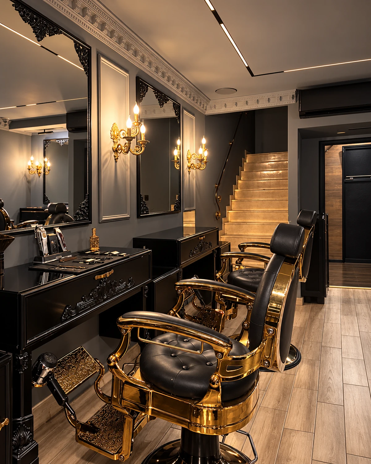 Barber stations with black and gold chairs and framed mirrors