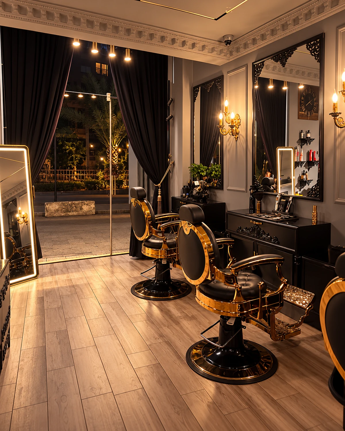 Main floor of AR Barber Lab with chairs facing the street windows