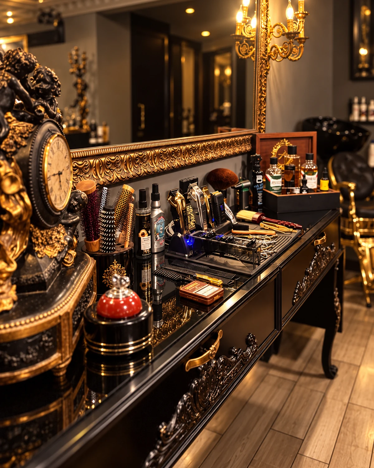 Grooming counter with products, an ornate clock and gold details